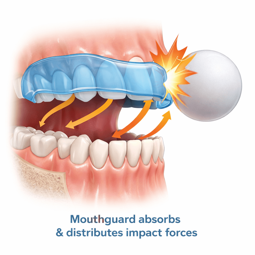 Illustration showing how mouthguards protect teeth during impact in North Lakes